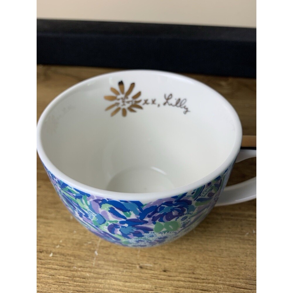 Lilly Pulitzer Ceramic Coffee Tea Cup Mug Set of 2 Blue White Tiger Lily Floral - Picture 4 of 10